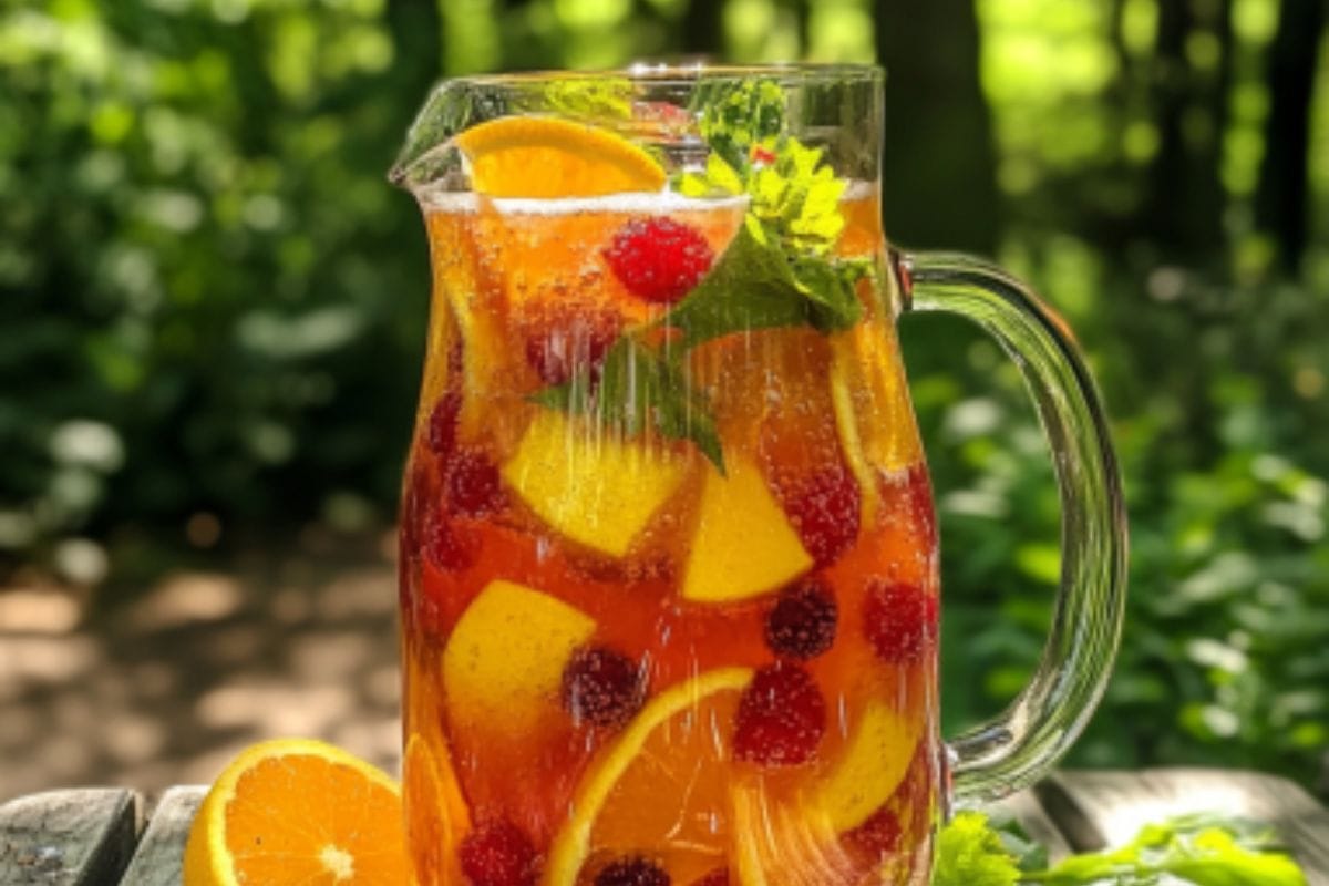 Refreshing bug juice camp drink recipe in a clear glass pitcher with fresh fruit slices – perfect for summer camps.