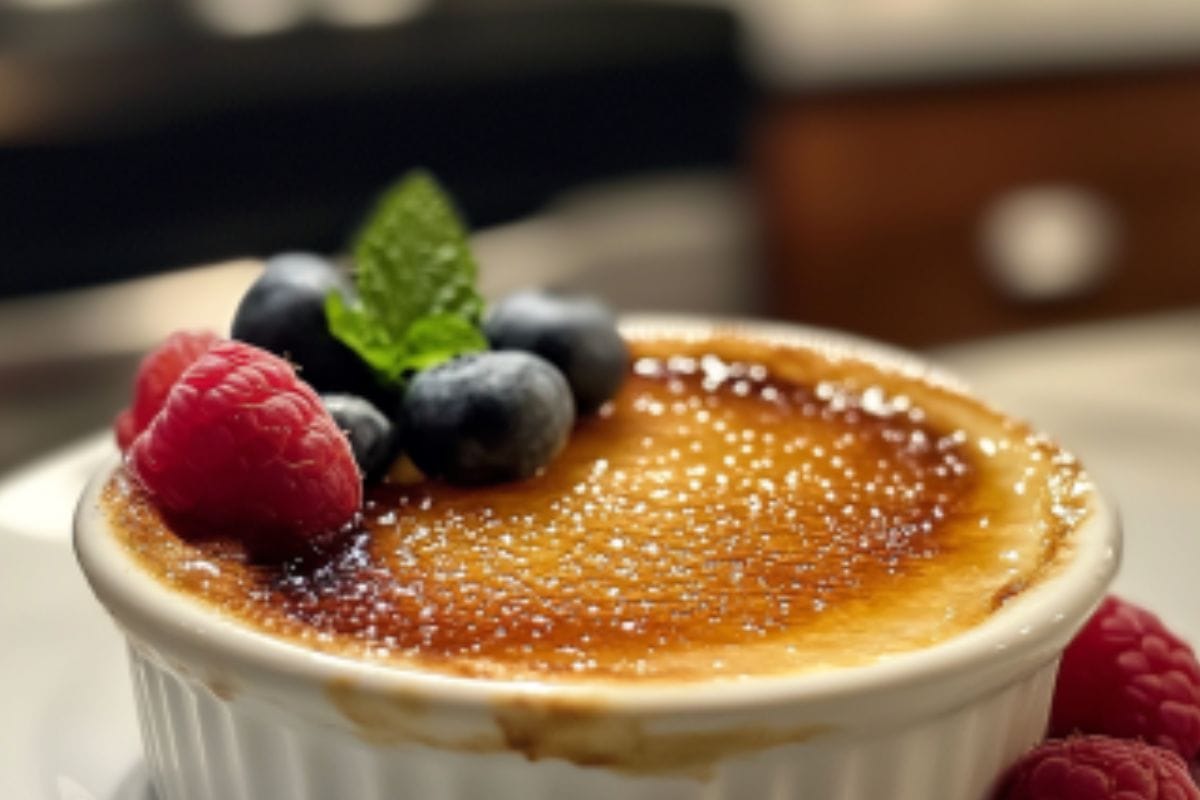 Cold crème brûlée with a caramelized sugar crust, served in a white ramekin, illustrating the best way to enjoy this French dessert.