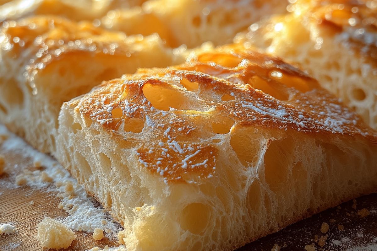 Freshly baked sourdough bread with a golden crust on a wooden cutting board, surrounded by crumbs and flour dust.