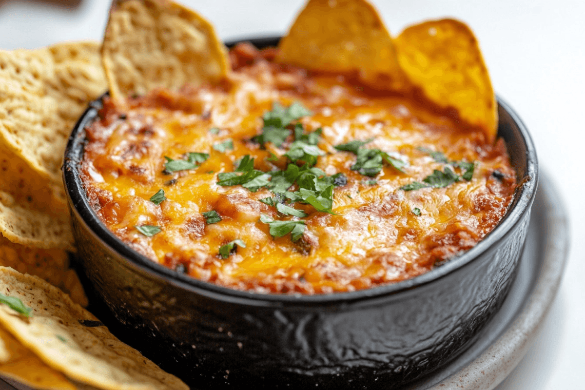 Bowl of creamy Rotel dip made without Velveeta, served with tortilla chips.