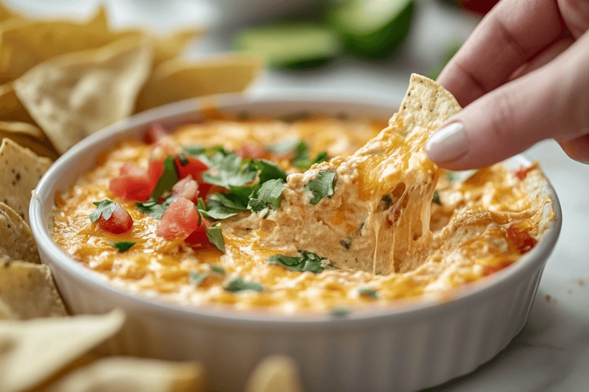 Bowl of creamy Velveeta and Rotel cheese dip with tortilla chips