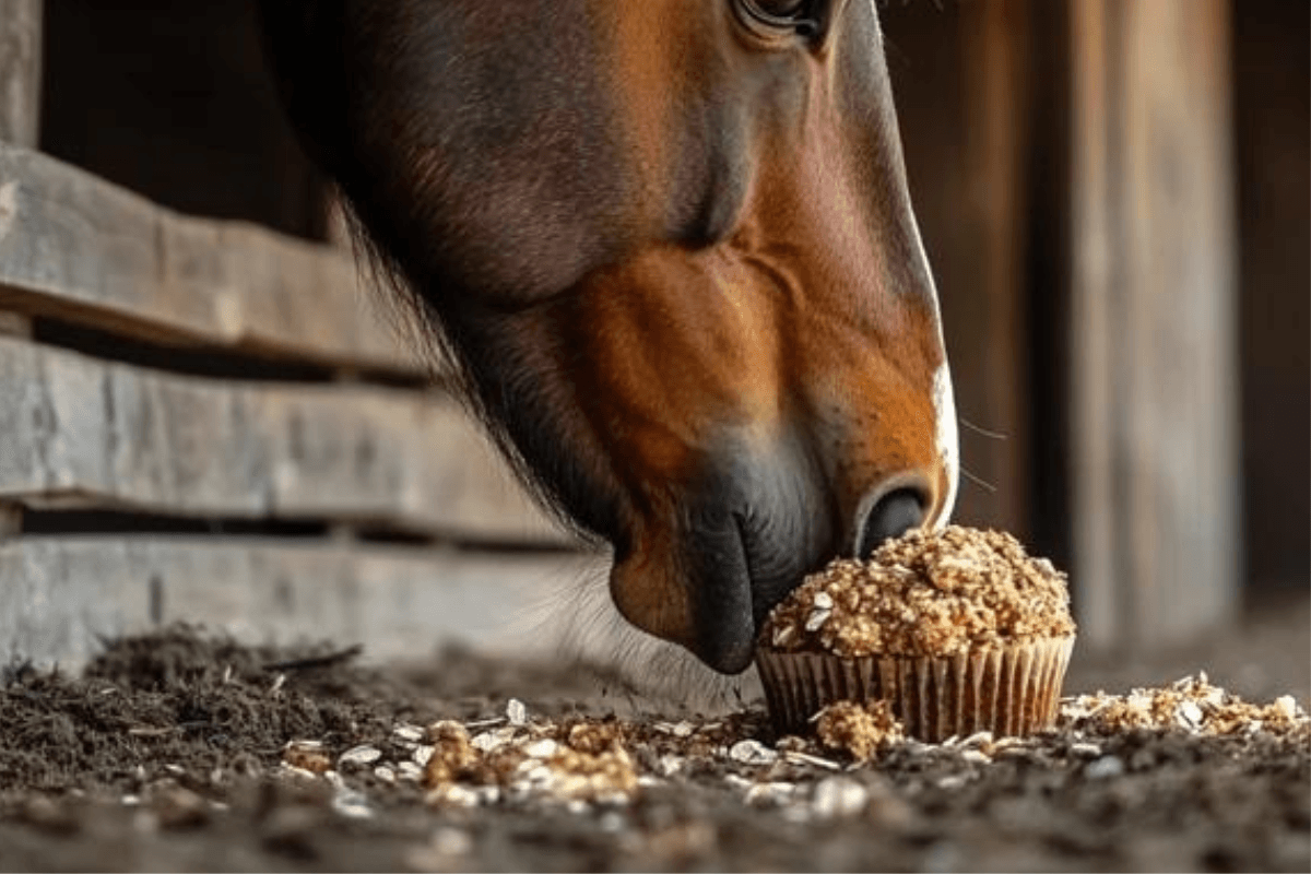 Horse enjoying a stud muffin treat made with oats and molasses.