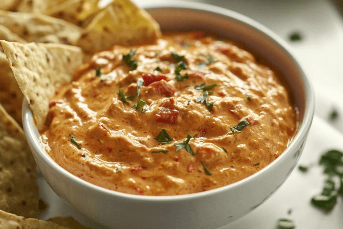 Bowl of creamy Rotel Dip topped with tomatoes and chilies, served with tortilla chips