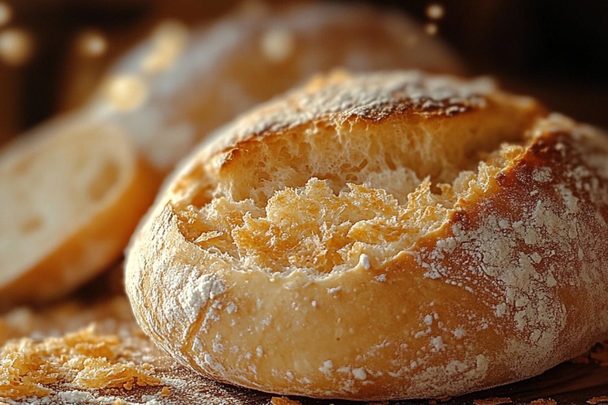 Close-up of freshly baked sourdough bread on a wooden cutting board.