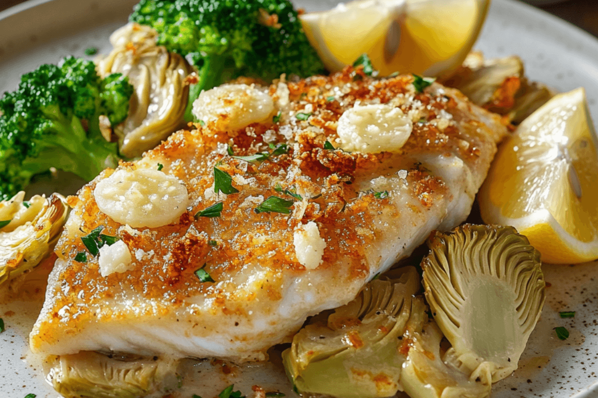 Artichoke and Parmesan Tilapia served with steamed vegetables and lemon wedges on a white plate.